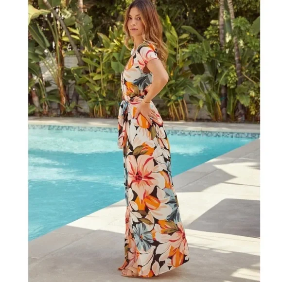 Vici Maxi Dress M Cadiz Floral Bardot Wrap Waist Tie Tropical Vacation - Picture 8 of 11